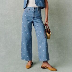 Sézane Le Crop Blue White Embroidery